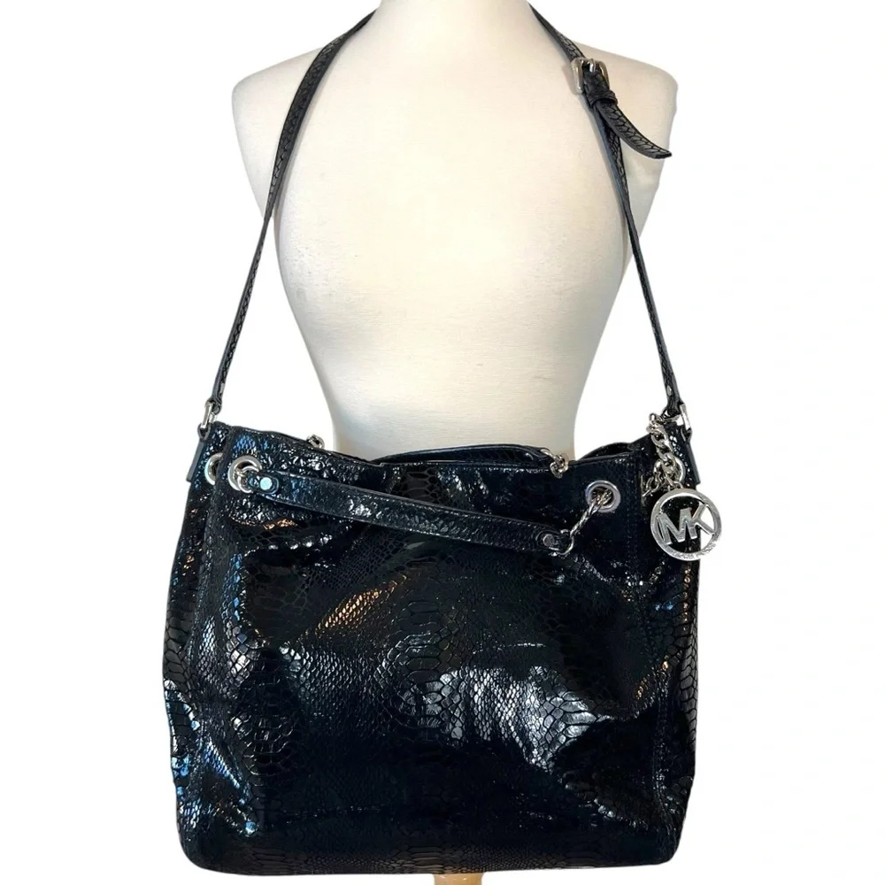 Michael Kors Black Snakeskin Lilly Chain Tote Shoulder Bag